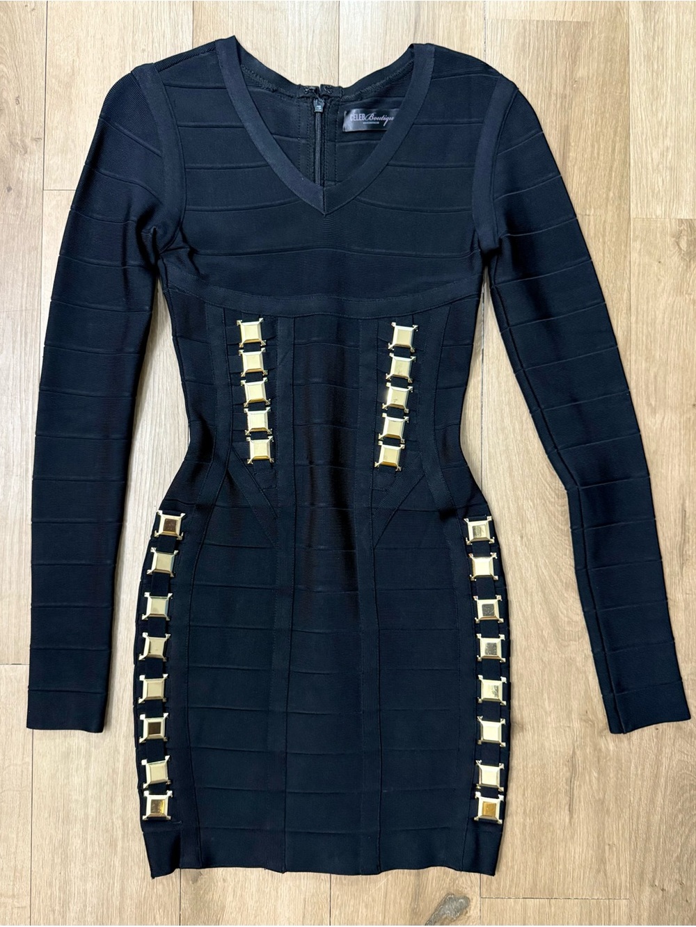 Black Long-Sleeve Bandage Dress with Gold Square Accent - Celeb Boutique